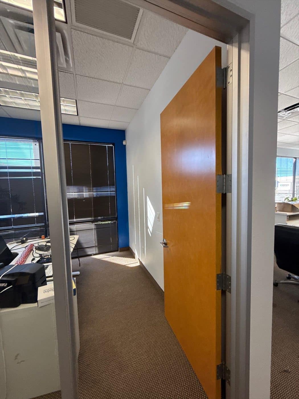 Office hallway with finished walls and an open wood door.