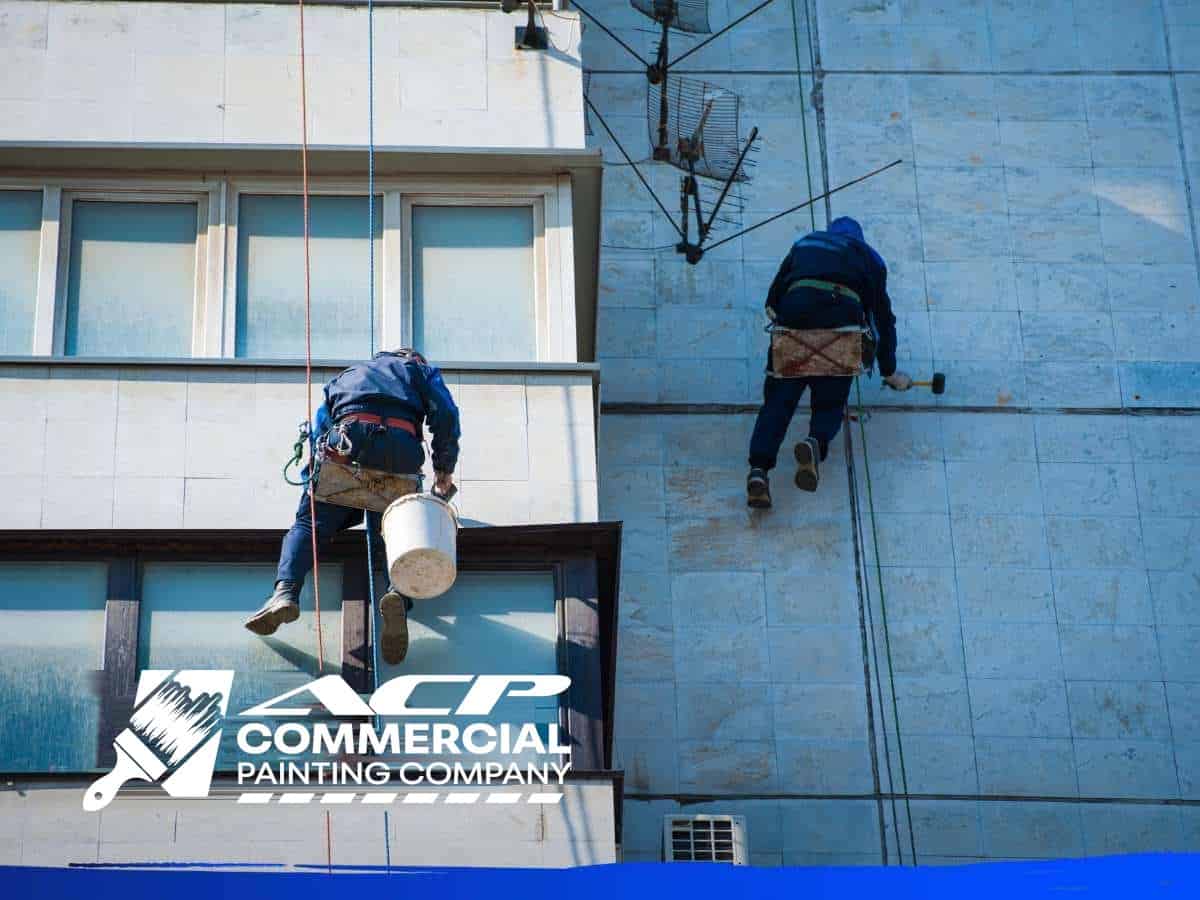 Crew prepping a commercial building exterior before painting, ACP Commercial Painting Company