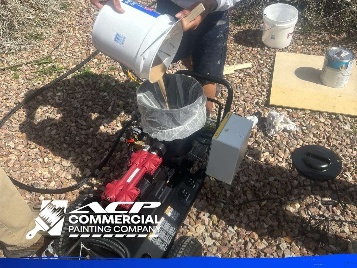 Painter filling electrostatic spray equipment on a facility jobsite, ACP Commercial Painting Company